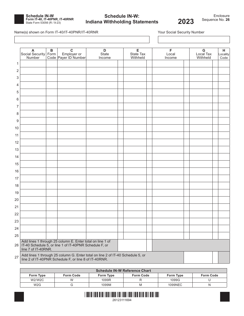 Form IT-40 (IT-40PNR; IT-40RNR; State Form 53056) Schedule IN-W Indiana Withholding Statements - Indiana, Page 1