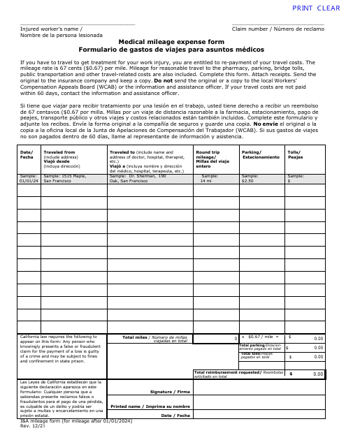 Medical Mileage Expense Form (For Mileage After 01 / 01 / 2024) - California (English / Spanish) Download Pdf