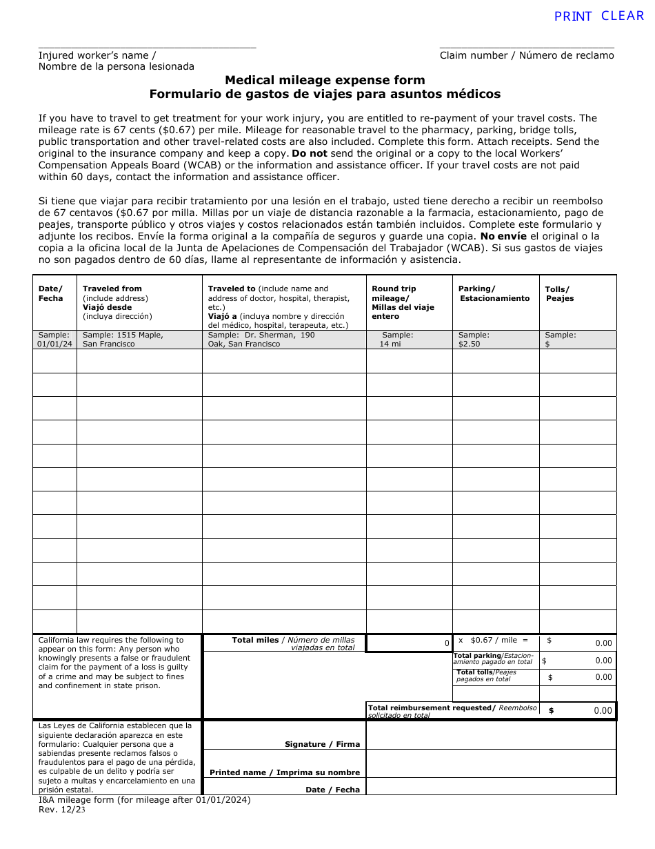 California Medical Mileage Expense Form (For Mileage After 01/01/2024 ...