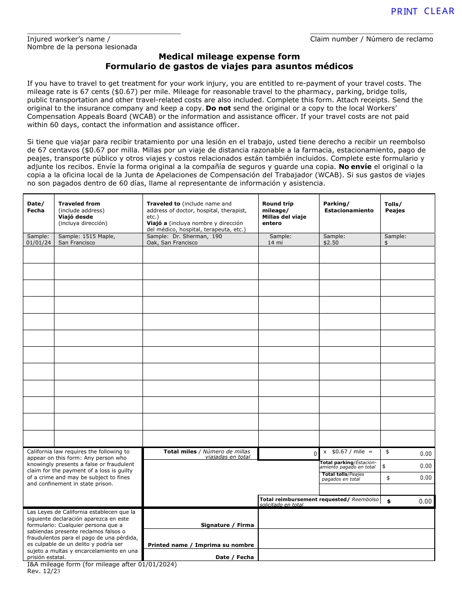 Medical Mileage Expense Form (For Mileage After 01 / 01 / 2024) - California (English / Spanish), Page 1