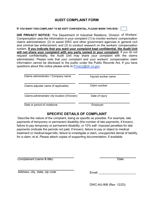 Form DWC-AU-906 Audit Complaint Form - California