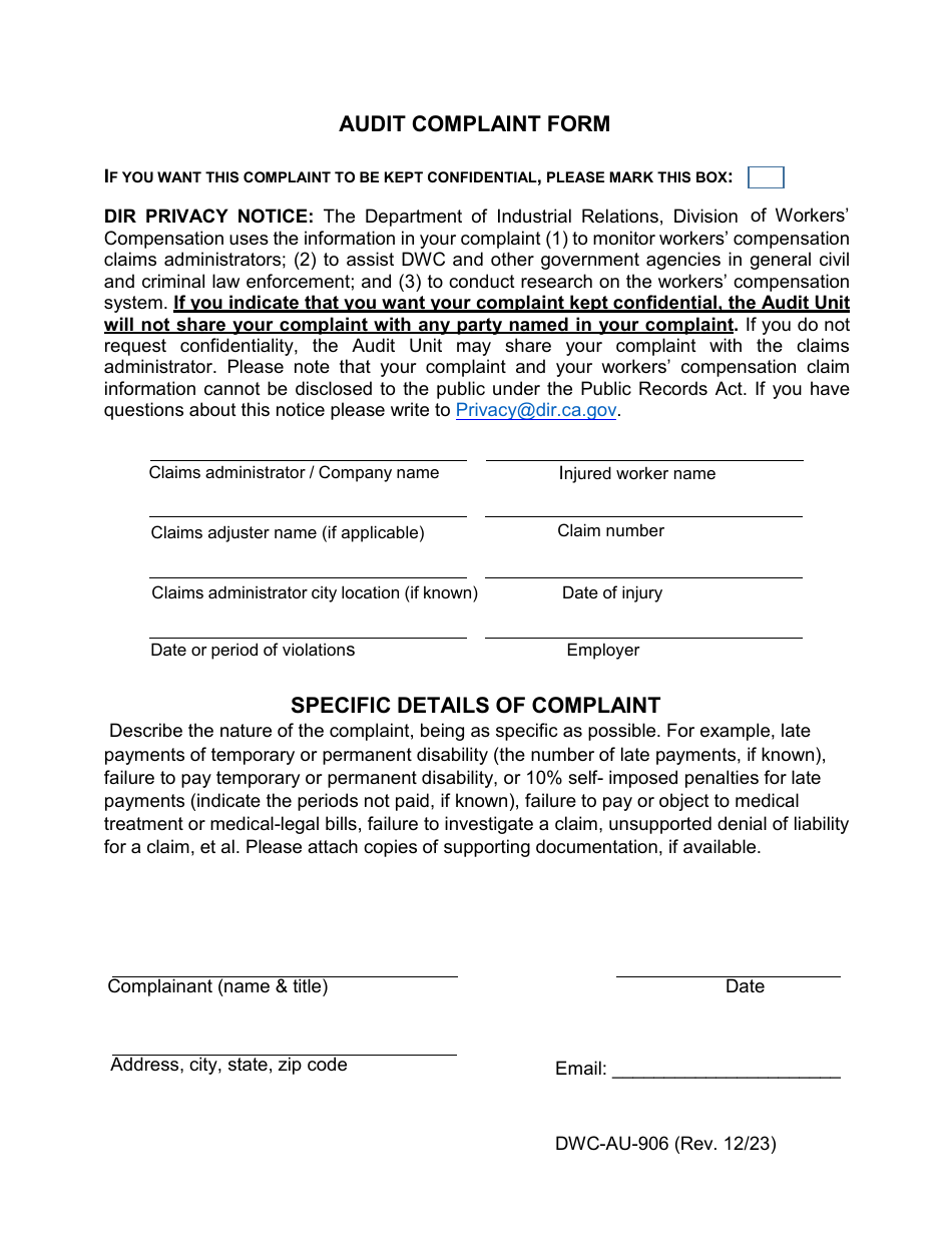 Form DWC-AU-906 Audit Complaint Form - California, Page 1