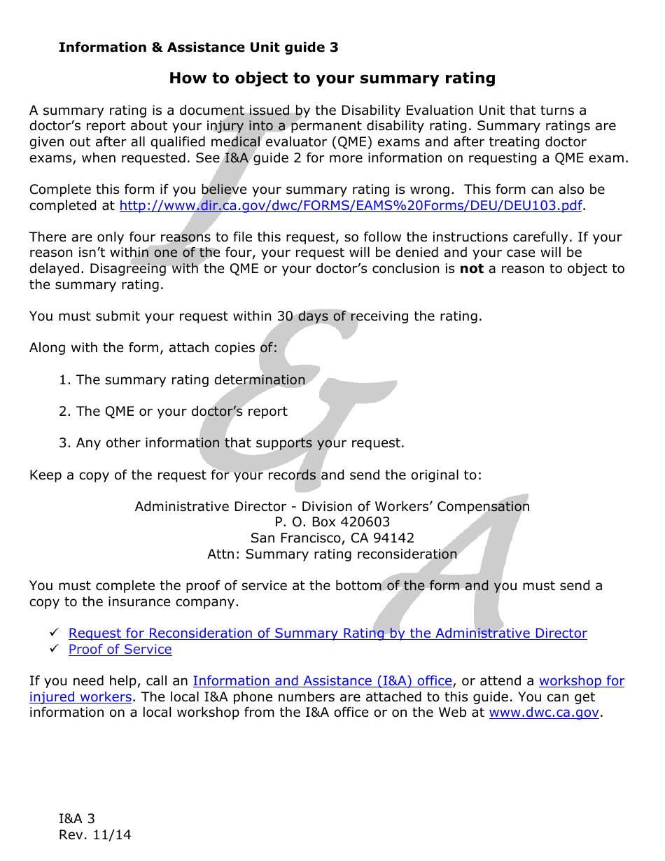 Form IA3 Information  Assistance Unit Guide - How to Object to Your Summary Rating - California, Page 1