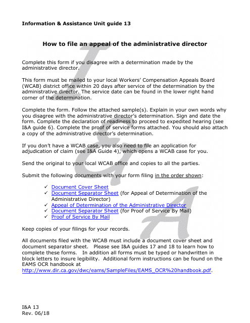 Form I&A13 Information & Assistance Unit Guide - How to File an Appeal of the Administrative Director - California
