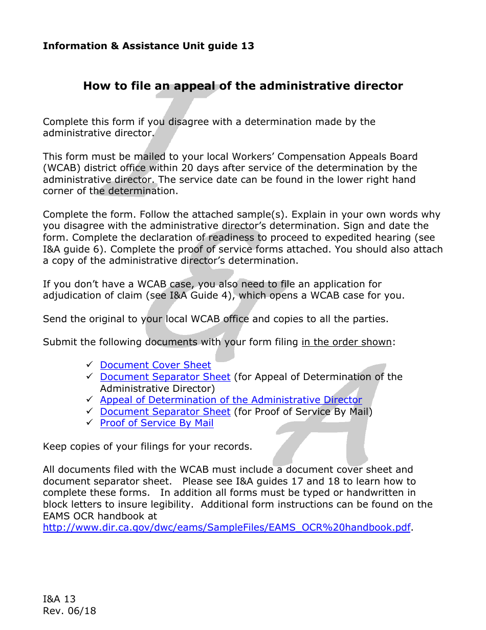 Form IA13 Information  Assistance Unit Guide - How to File an Appeal of the Administrative Director - California, Page 1