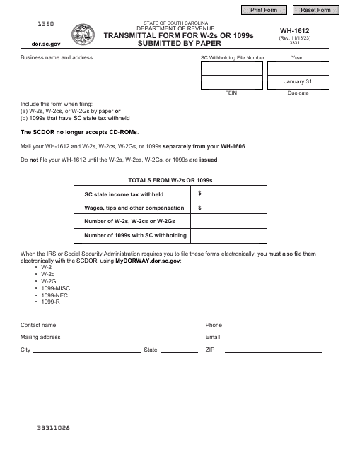Form WH-1612 Transmittal Form for W-2s or 1099s Submitted by Paper - South Carolina