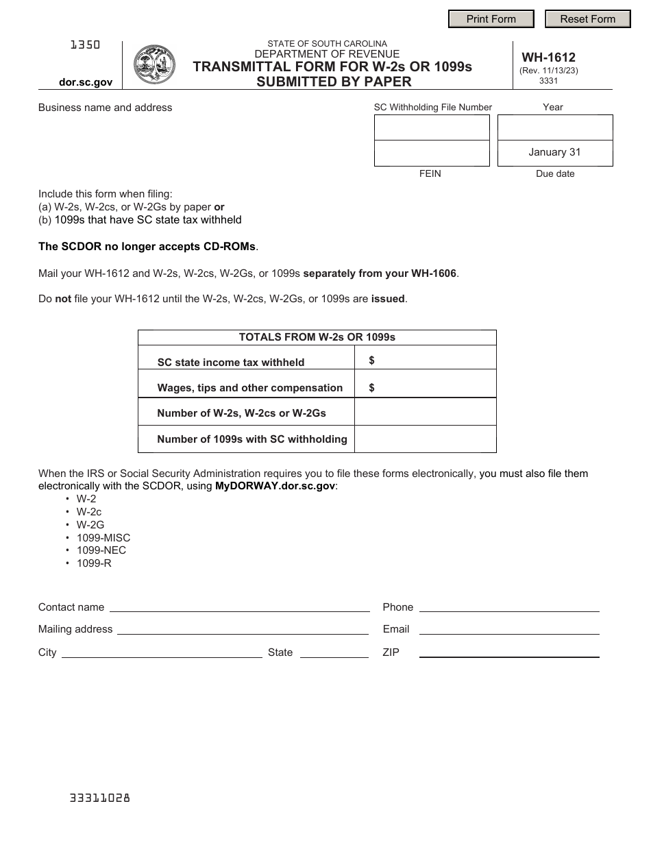 Form WH-1612 Transmittal Form for W-2s or 1099s Submitted by Paper - South Carolina, Page 1