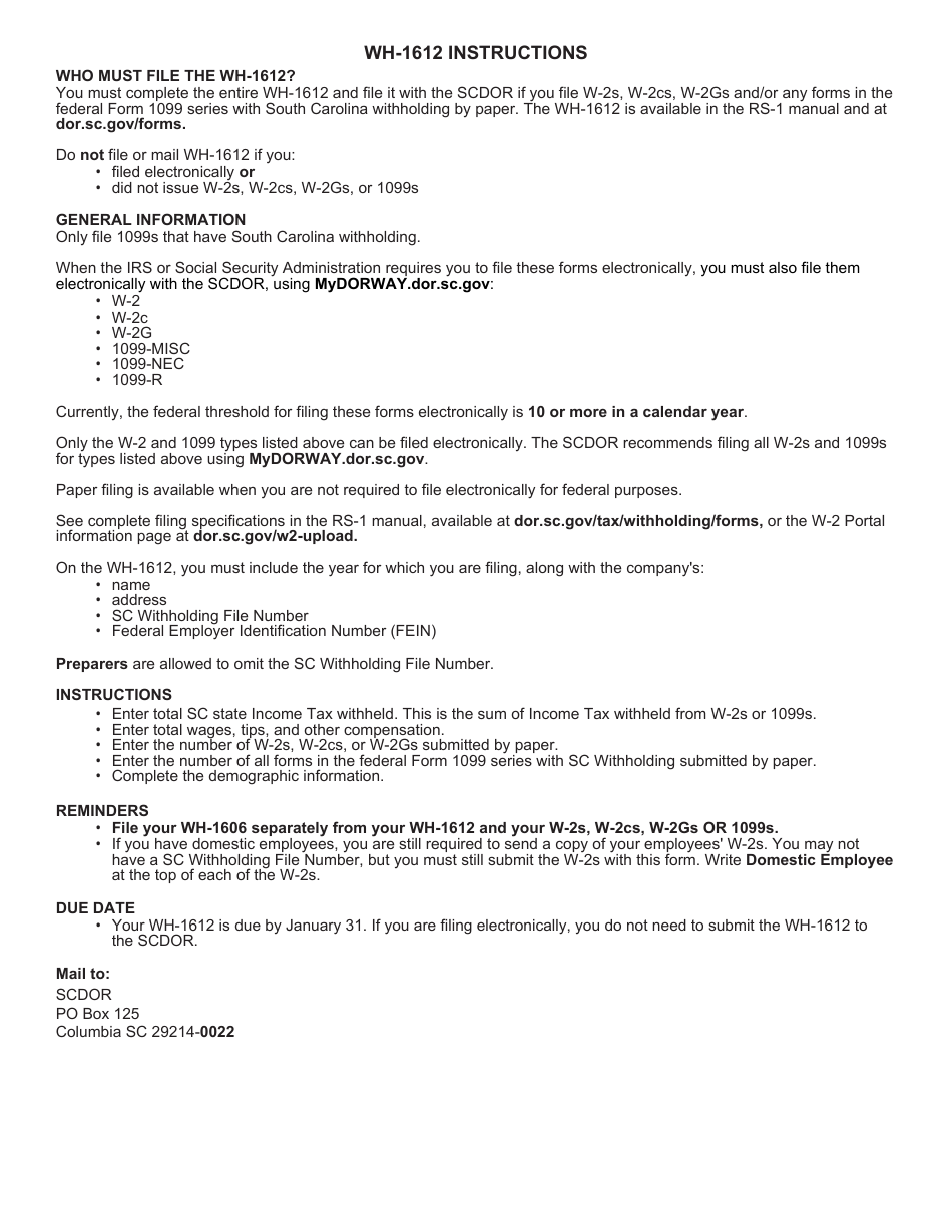 Form WH-1612 Transmittal Form for W-2s or 1099s Submitted by Paper - South Carolina, Page 2