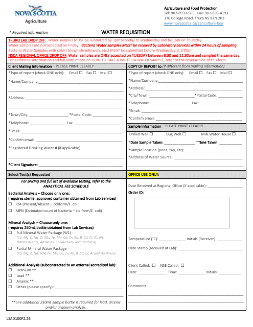 Form LSAD100F2.26 Water Requisition - Nova Scotia, Canada