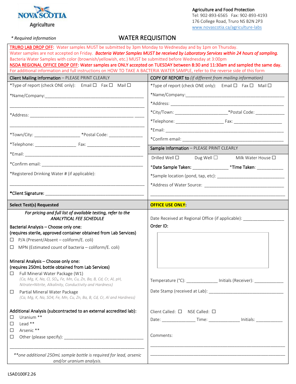 Form LSAD100F2.26 Water Requisition - Nova Scotia, Canada, Page 1