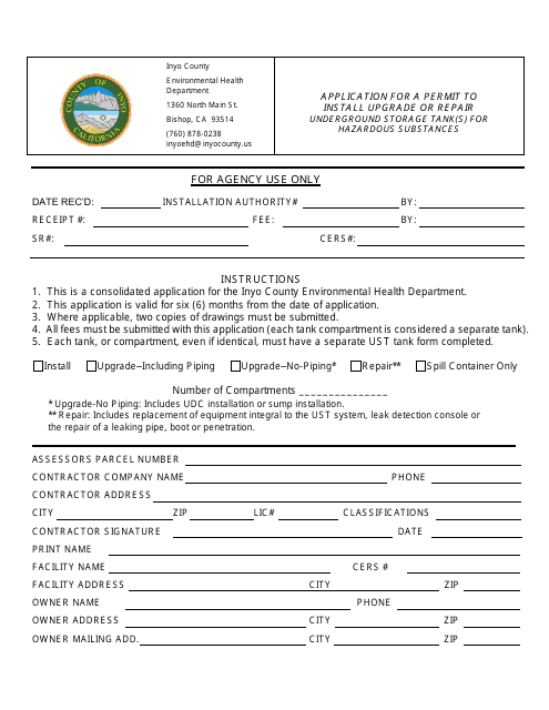 Application for a Permit to Install Upgrade or Repair Underground Storage Tank(S) for Hazardous Substances - Inyo County, California Download Pdf
