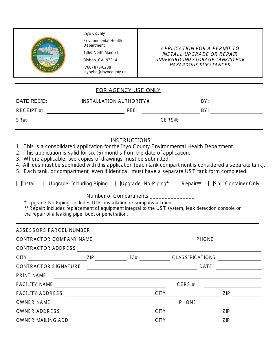 Application for a Permit to Install Upgrade or Repair Underground Storage Tank(S) for Hazardous Substances - Inyo County, California, Page 1