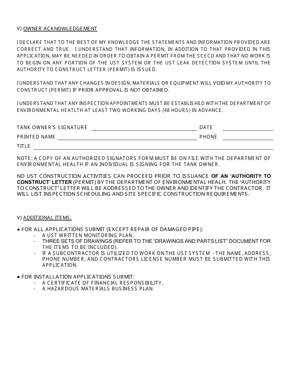 Application for a Permit to Install Upgrade or Repair Underground Storage Tank(S) for Hazardous Substances - Inyo County, California, Page 6