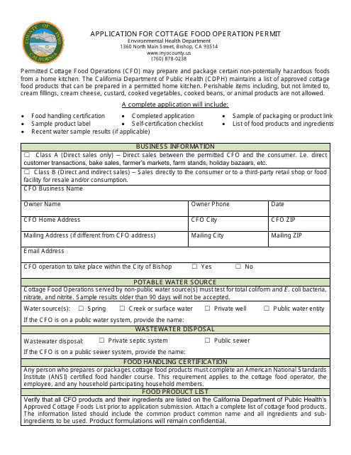Application for Cottage Food Operation Permit - Inyo County, California Download Pdf