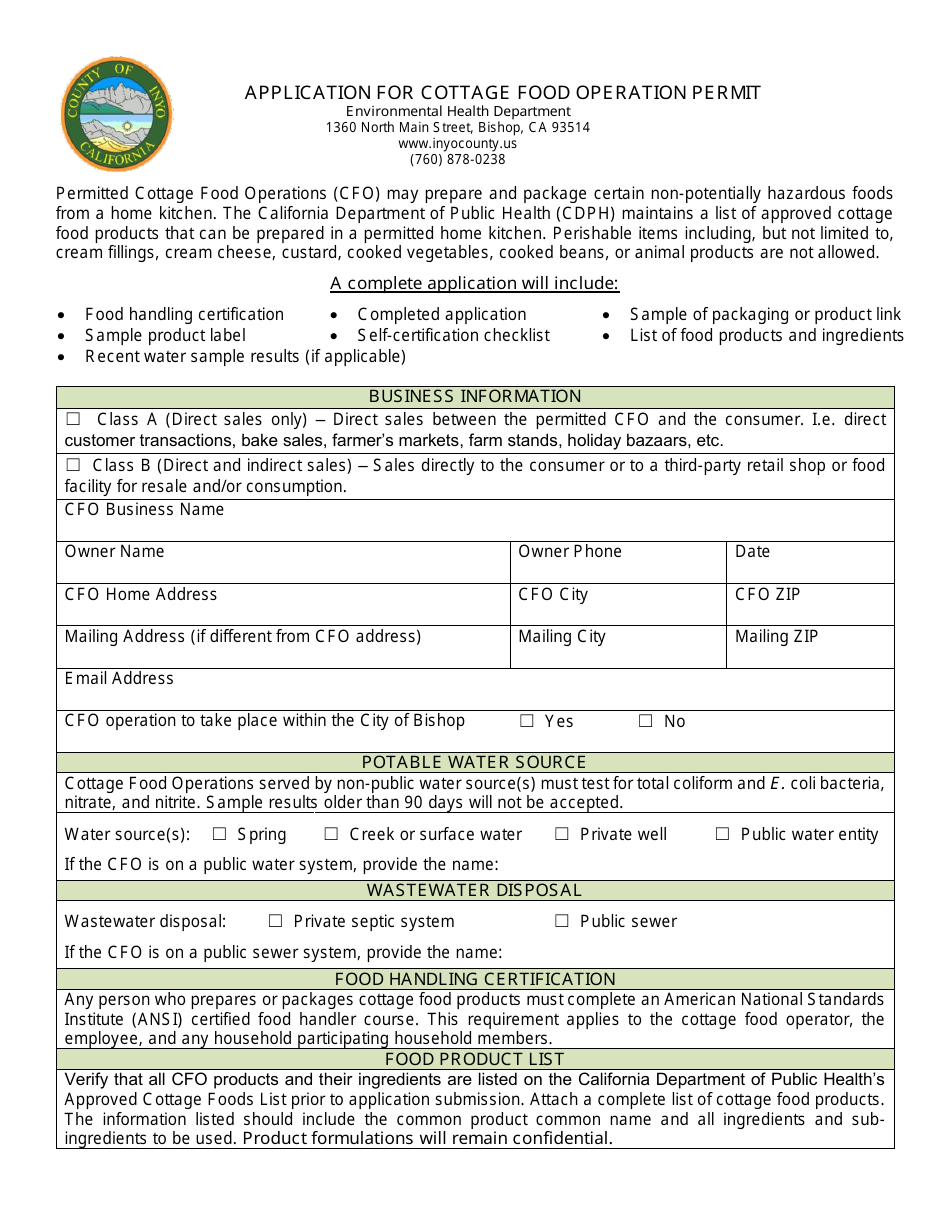 Application for Cottage Food Operation Permit - Inyo County, California, Page 1