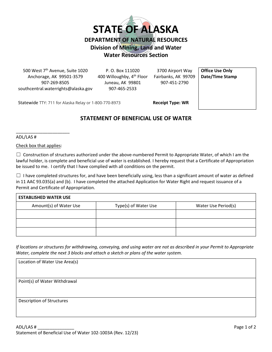 Form 102-1003A Statement of Beneficial Use of Water - Alaska, Page 1