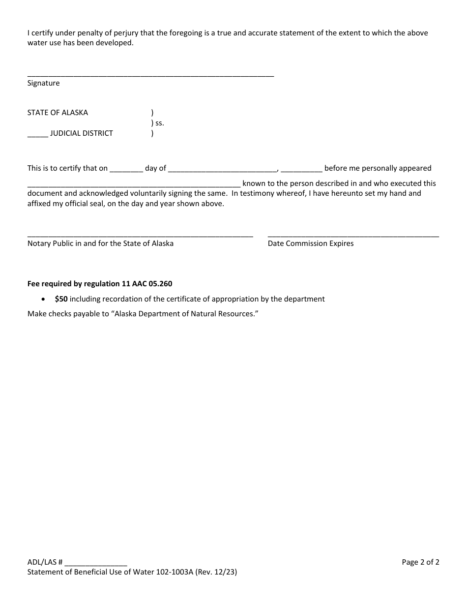 Form 102-1003A Statement of Beneficial Use of Water - Alaska, Page 2