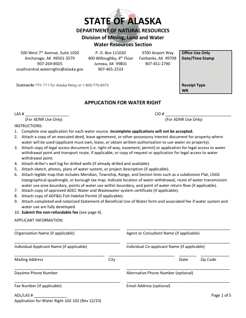 Form 102-102 Application for Water Right - Alaska
