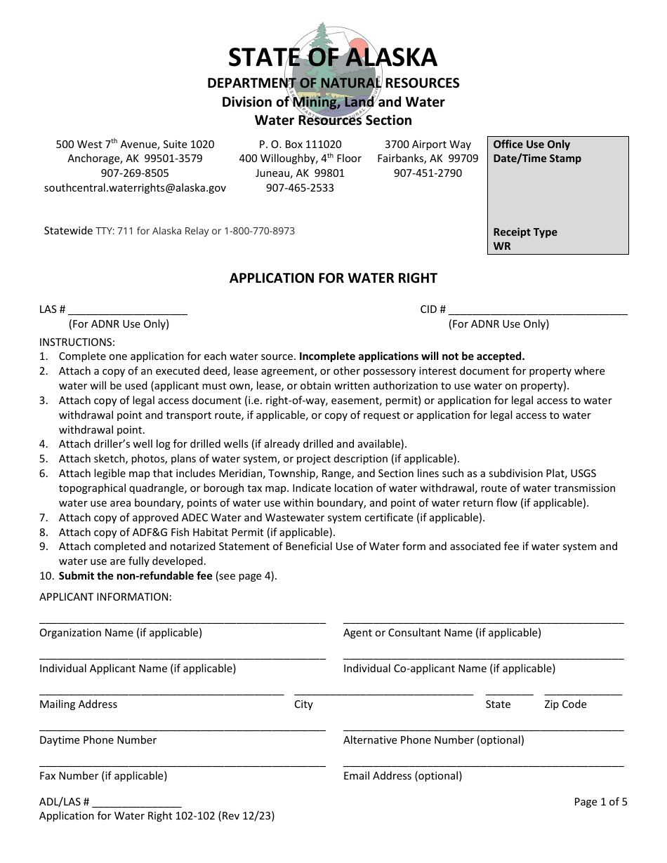 Form 102-102 Application for Water Right - Alaska, Page 1