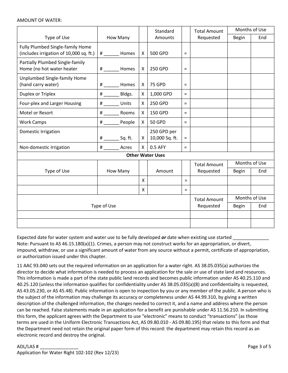 Form 102-102 Application for Water Right - Alaska, Page 3