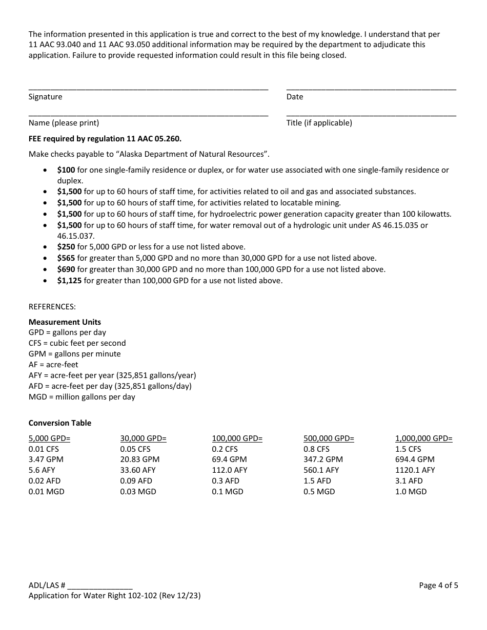 Form 102-102 Application for Water Right - Alaska, Page 4