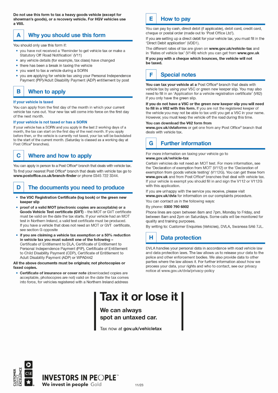 Form V10 Application for Vehicle Tax - United Kingdom, Page 1