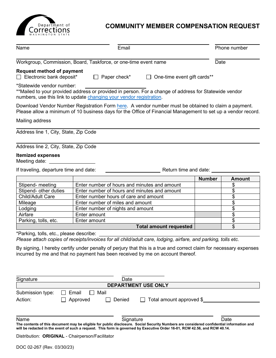 Form DOC02-267 Community Member Compensation Request - Washington, Page 1