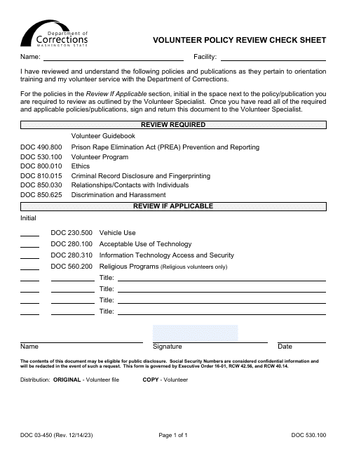 Form DOC03-450 Volunteer Policy Review Check Sheet - Washington