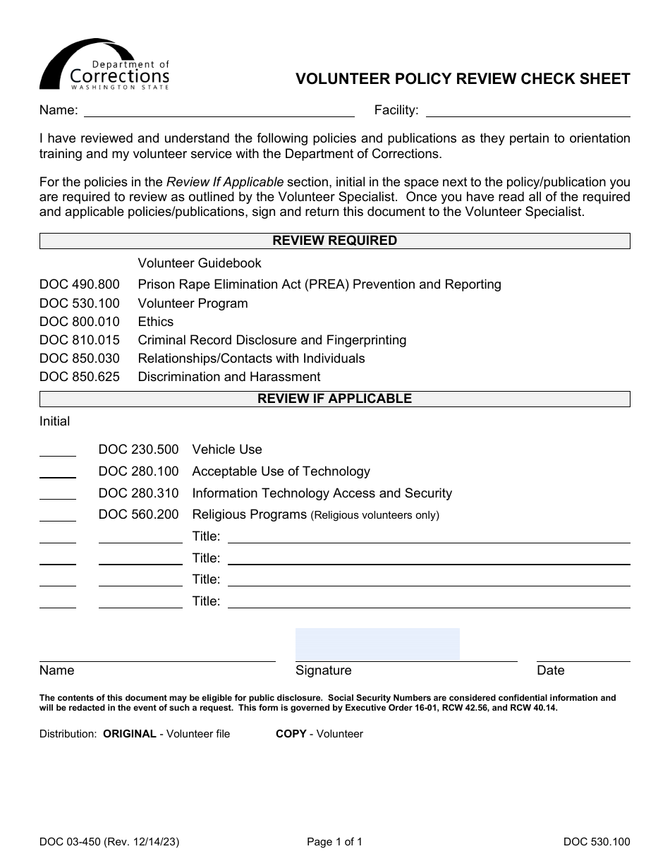 Form DOC03450 Download Printable PDF or Fill Online Volunteer Policy