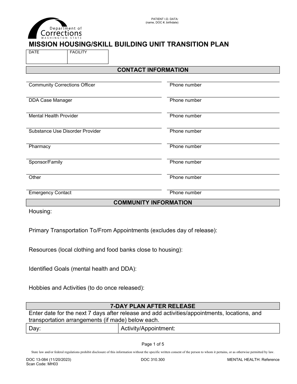 Form DOC13-084 Mission Housing / Skill Building Unit Transition Plan - Washington, Page 1
