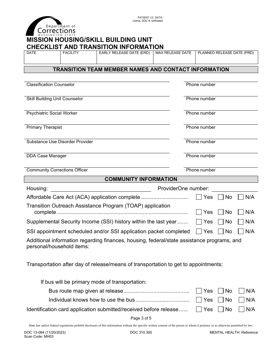 Form DOC13-084 Mission Housing / Skill Building Unit Transition Plan - Washington, Page 3