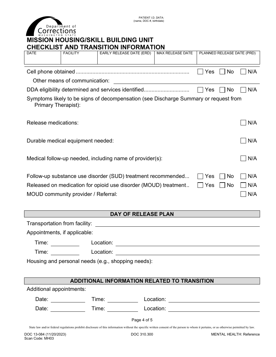Form DOC13-084 Mission Housing / Skill Building Unit Transition Plan - Washington, Page 4