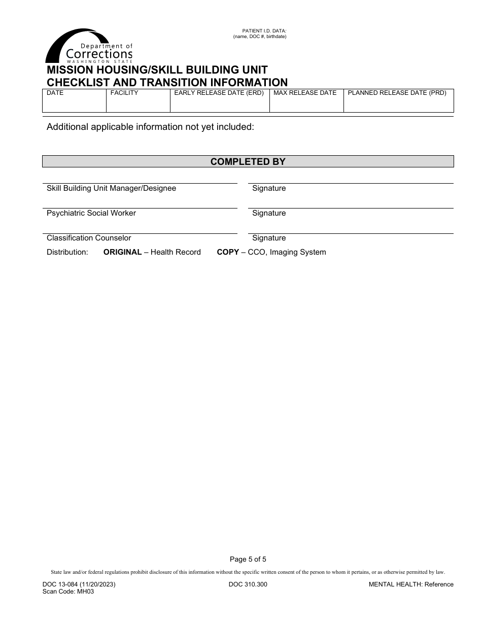 Form DOC13-084 Mission Housing / Skill Building Unit Transition Plan - Washington, Page 5