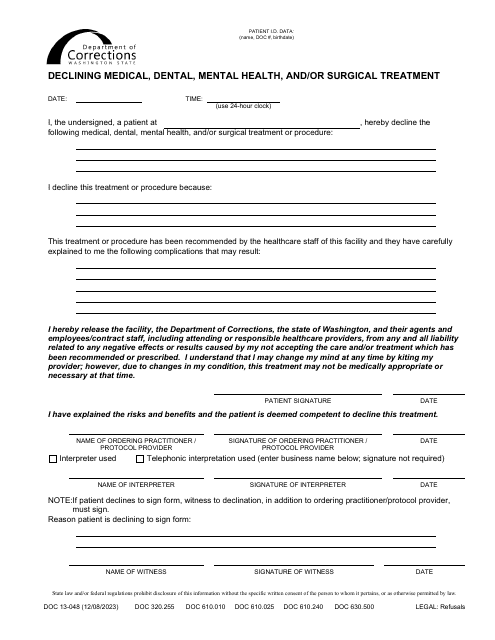 Form DOC13-048 Declining Medical, Dental, Mental Health, and/or Surgical Treatment - Washington