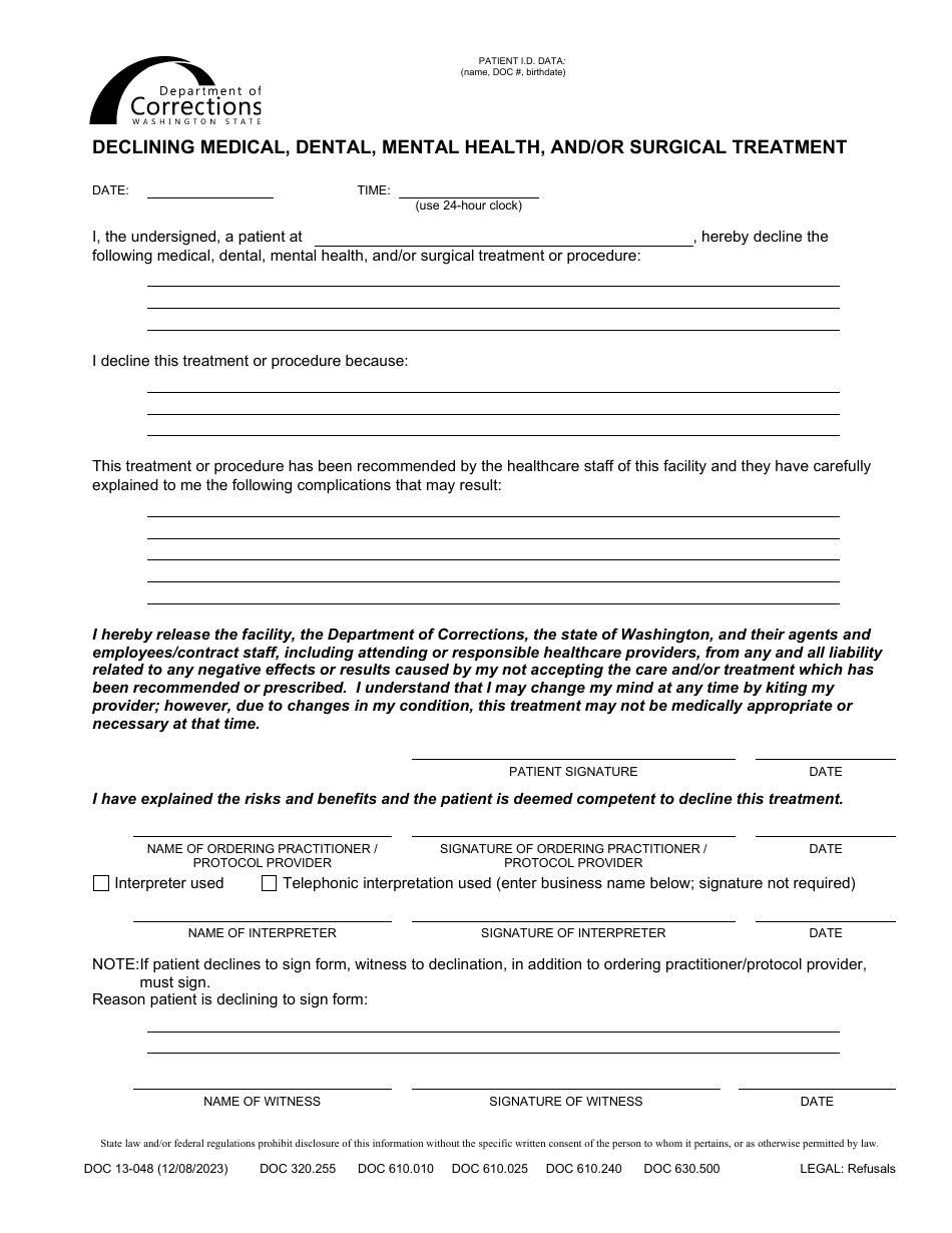 Form DOC13-048 Declining Medical, Dental, Mental Health, and / or Surgical Treatment - Washington, Page 1