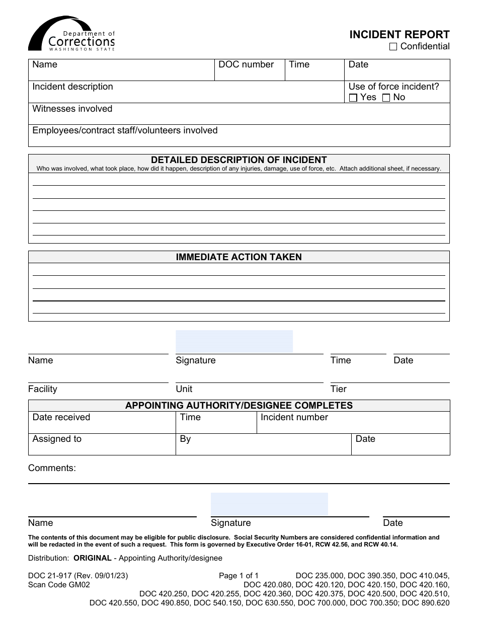 Form DOC21-917 Download Printable PDF or Fill Online Incident Report ...