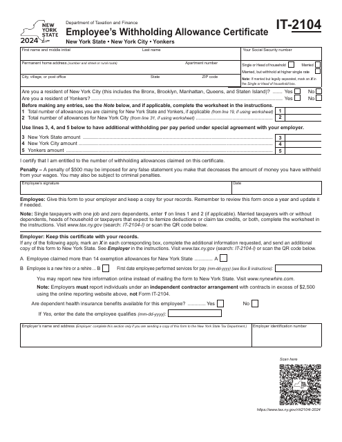 Form IT-2104 Employee's Withholding Allowance Certificate - New York, 2024