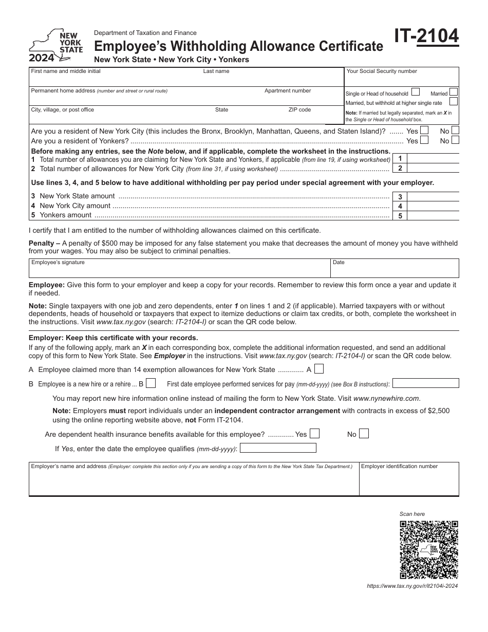 Form IT-2104 Download Fillable PDF or Fill Online Employee's ...