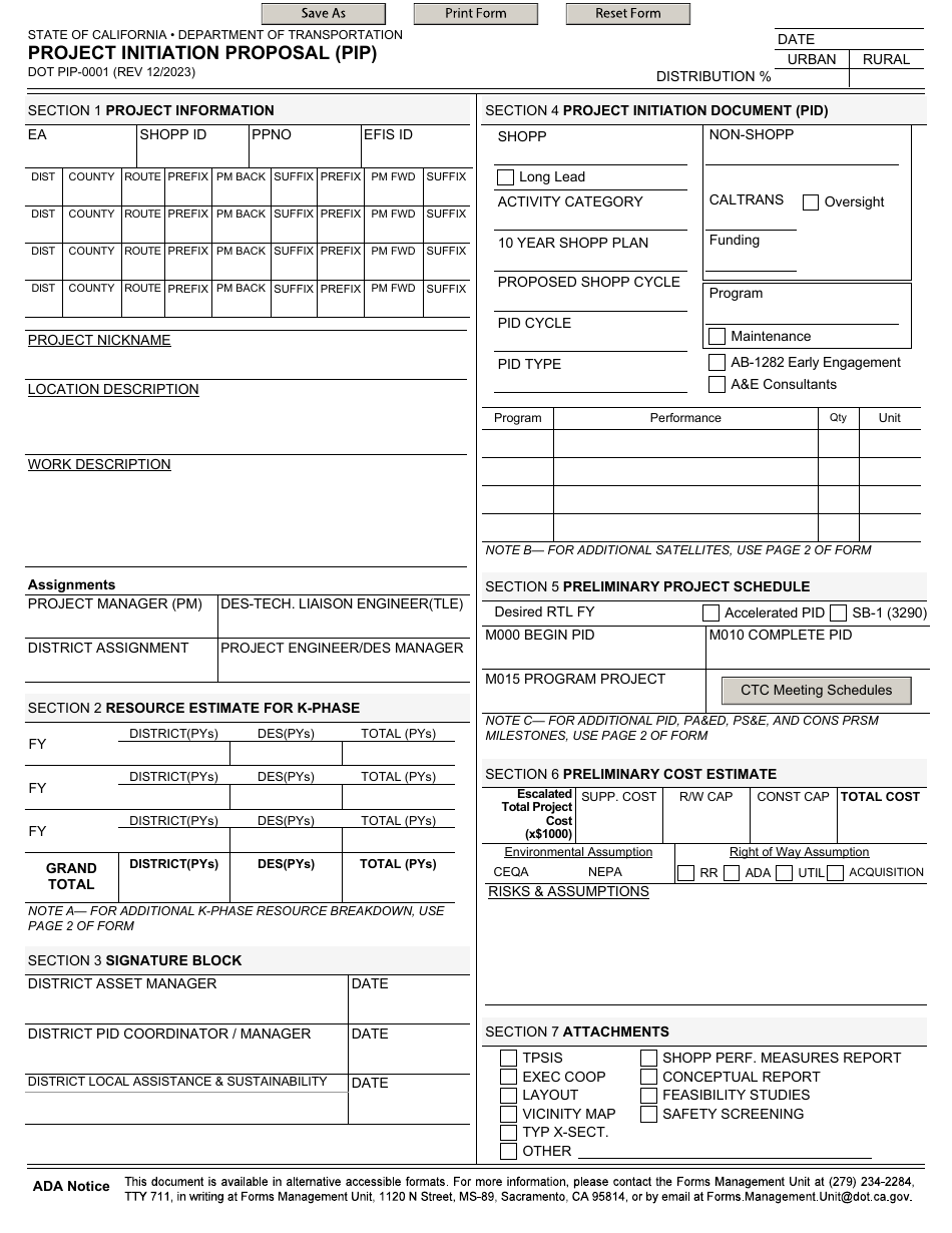 Form DOT PIP-0001 Project Initiation Proposal (Pip) - California, Page 1