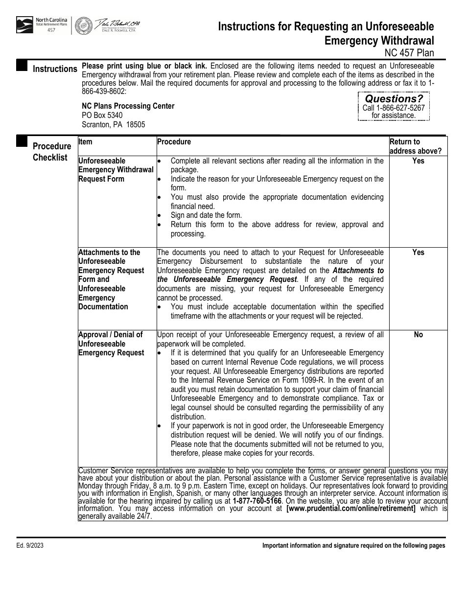 Unforeseeable Emergency Withdrawal Request Form - Nc 457 Plan - North Carolina, Page 1