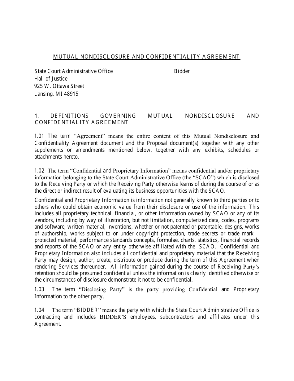 Mutual Nondisclosure and Confidentiality Agreement - Michigan, Page 1