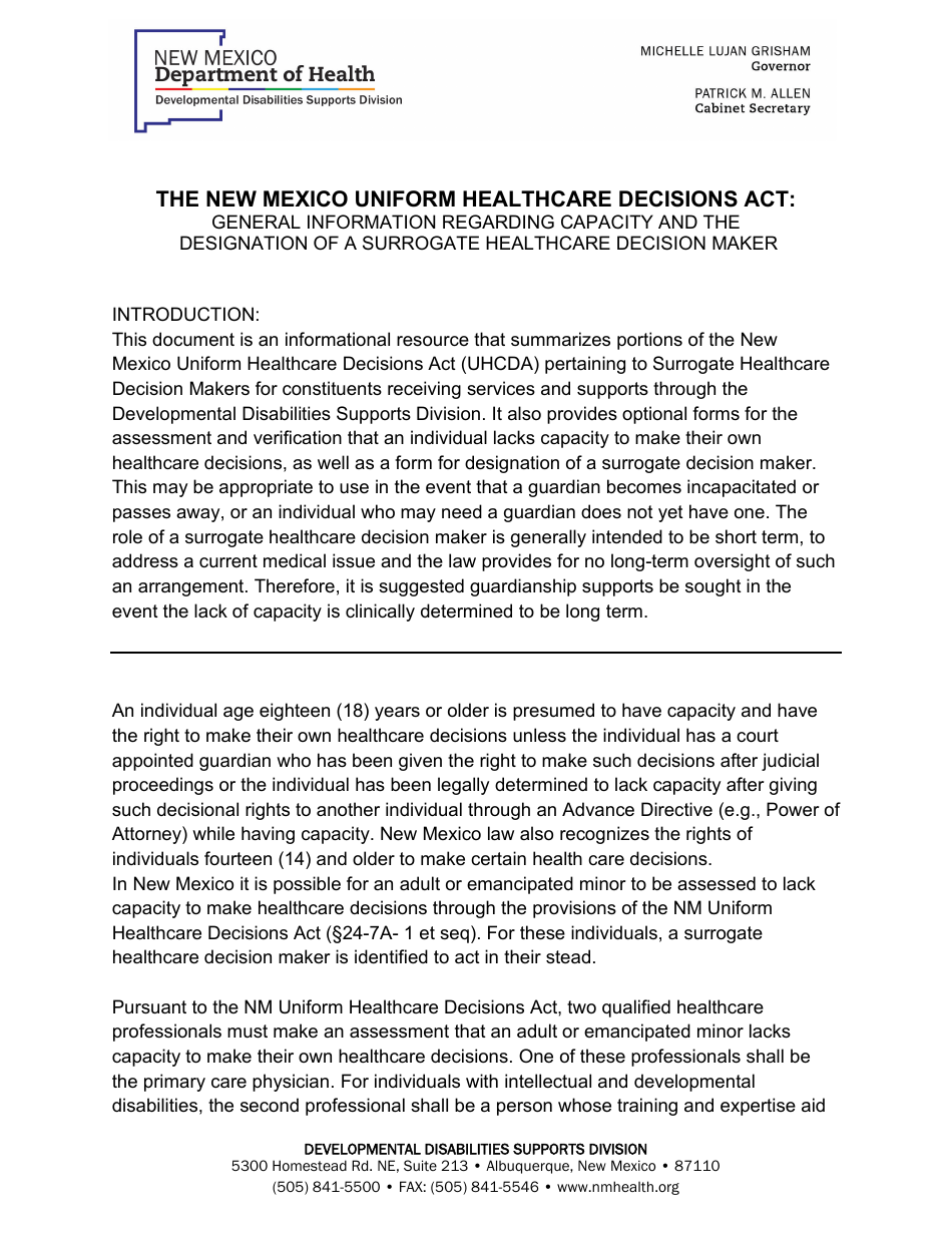 The New Mexico Uniform Healthcare Decisions Act: General Information Regarding Capacity and the Designation of a Surrogate Healthcare Decision Maker - New York, Page 1