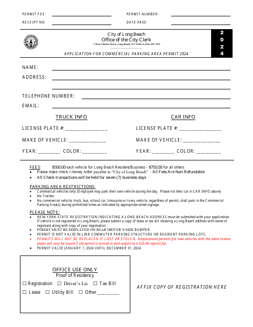 Application for Commercial Parking Area Permit - City of Long Beach, New York, 2024