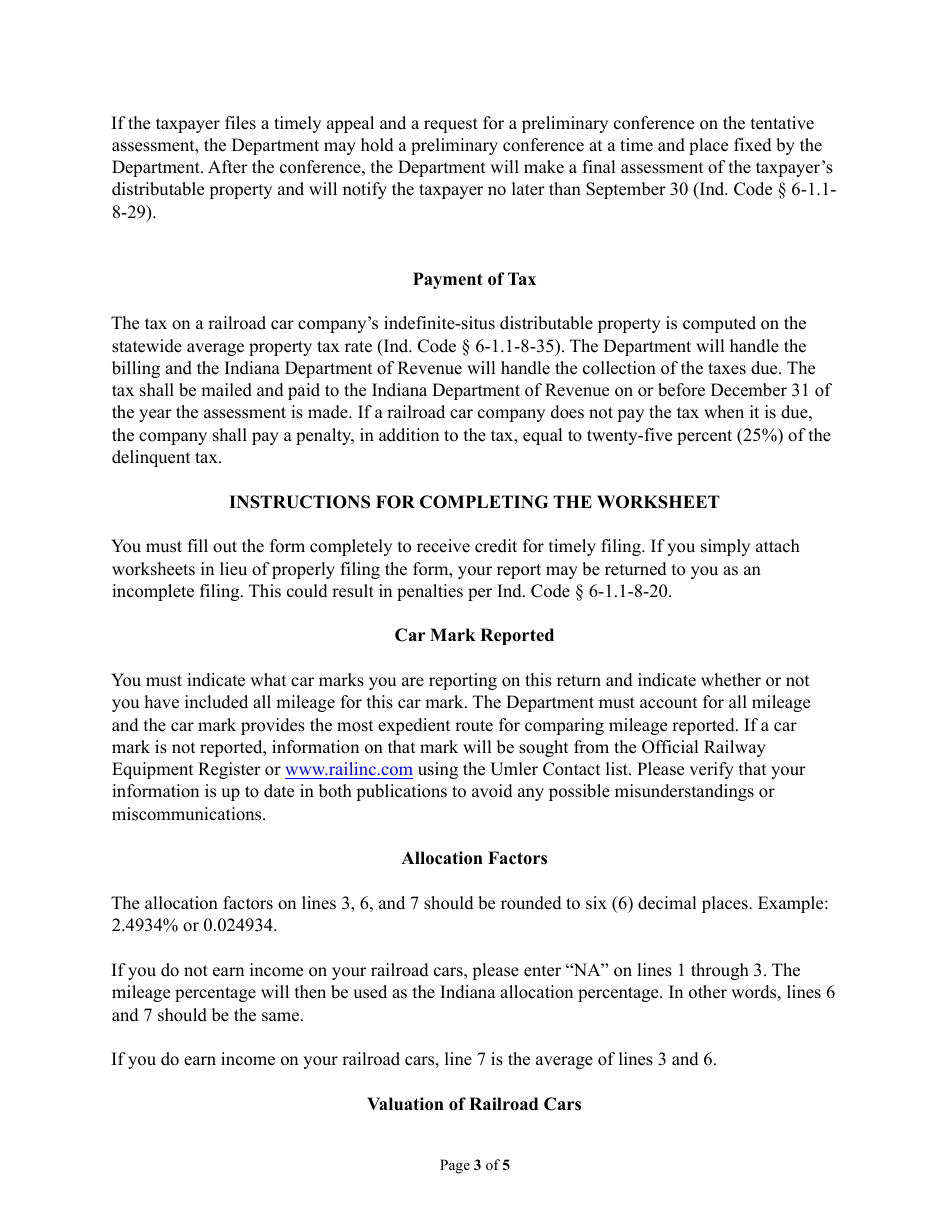 Instructions for State Form 46373 Report of Railcar Tax - Indiana, Page 3