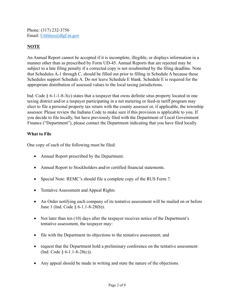 Instructions for State Form 40408, UD-45 Annual Report - Indiana, Page 2