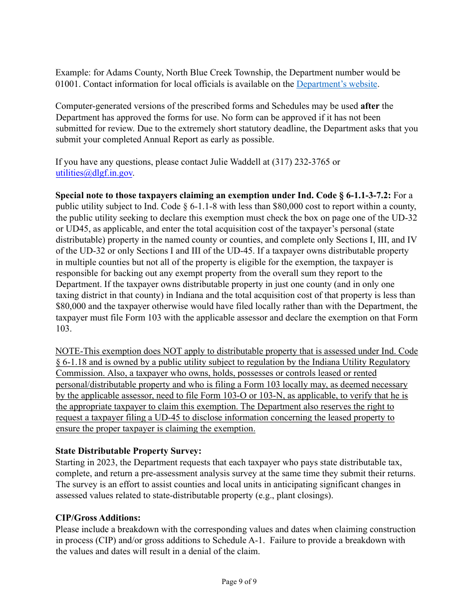 Instructions for State Form 40408, UD-45 Annual Report - Indiana, Page 9