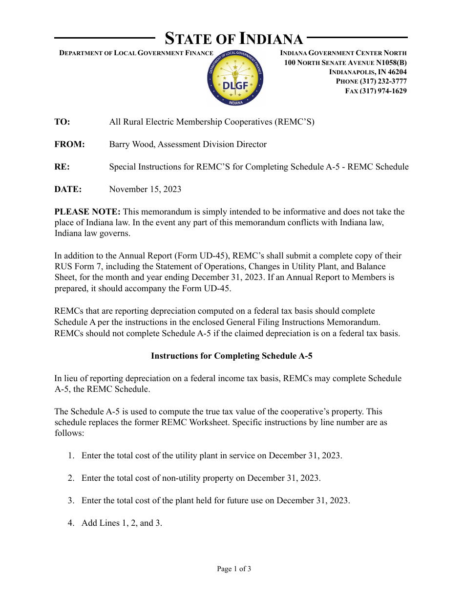 Instructions for State Form 47338 Schedule A-5 Remc Schedule - Indiana, Page 1