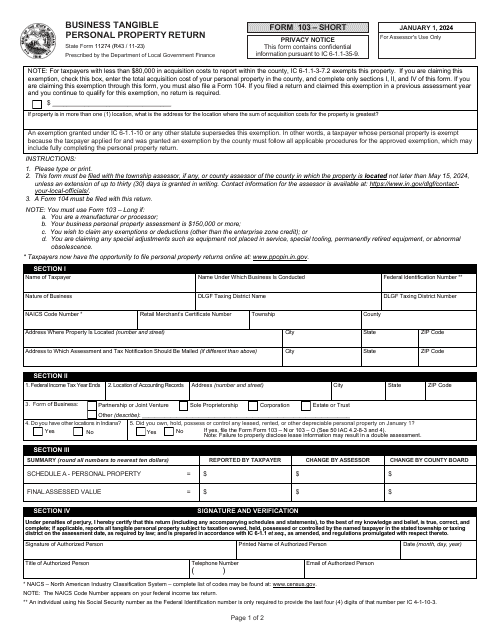 Form 103-SHORT (State Form 11274) Business Tangible Personal Property Return - Indiana, 2024