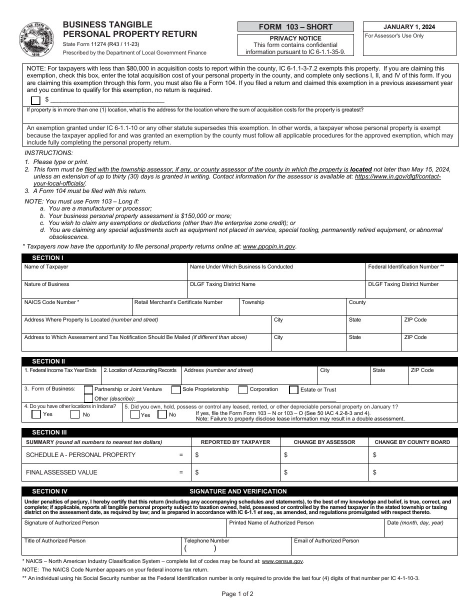 Form 103-SHORT (State Form 11274) Business Tangible Personal Property Return - Indiana, Page 1