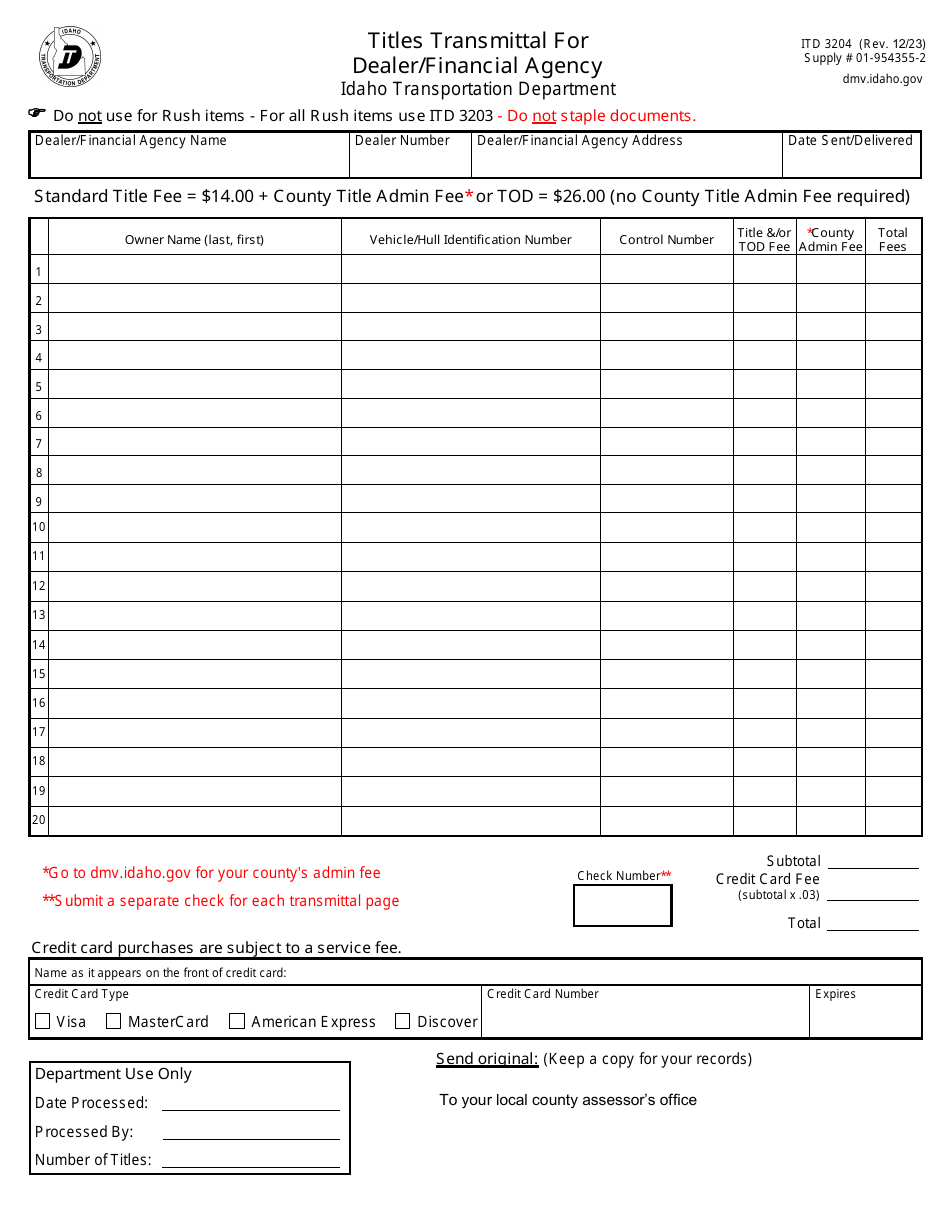 Form ITD3204 Titles Transmittal for Dealer / Financial Agency - Idaho, Page 1